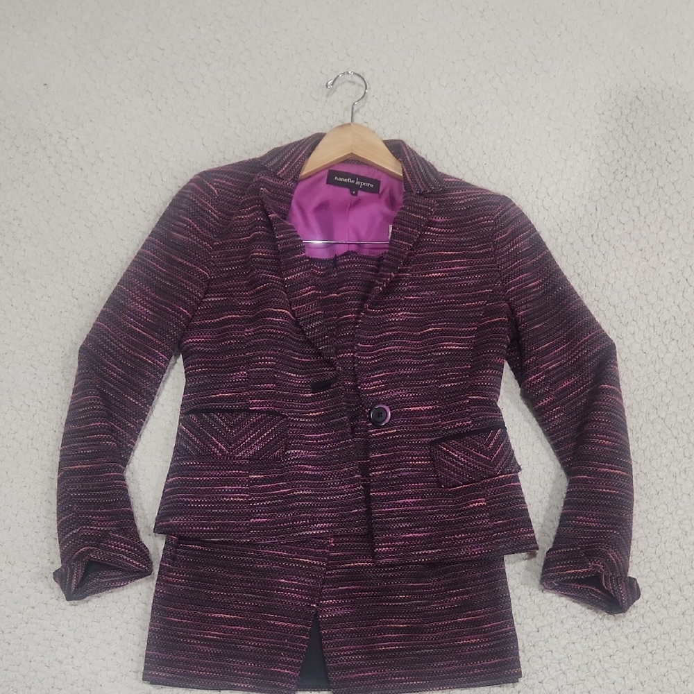 Nanette Lepore Purple,  Pink and Black Textured Blazer and Pencil Skirt